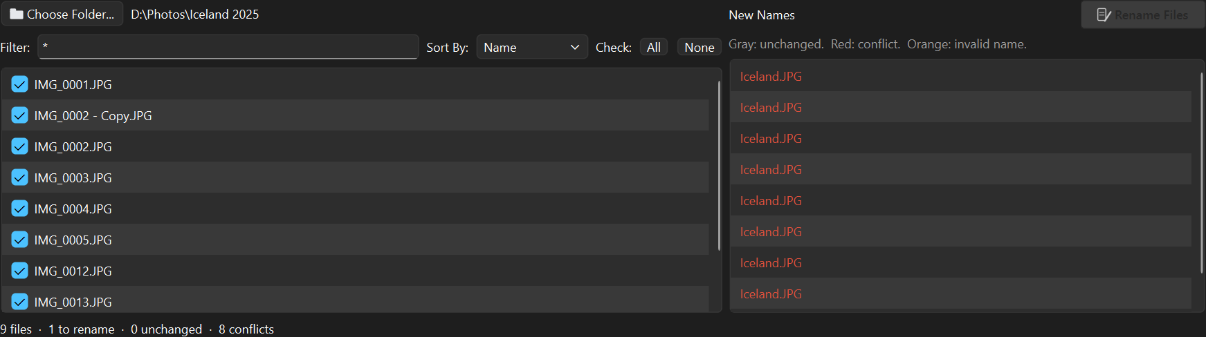 Every new name shown in red because the pattern would give all nine files the same name