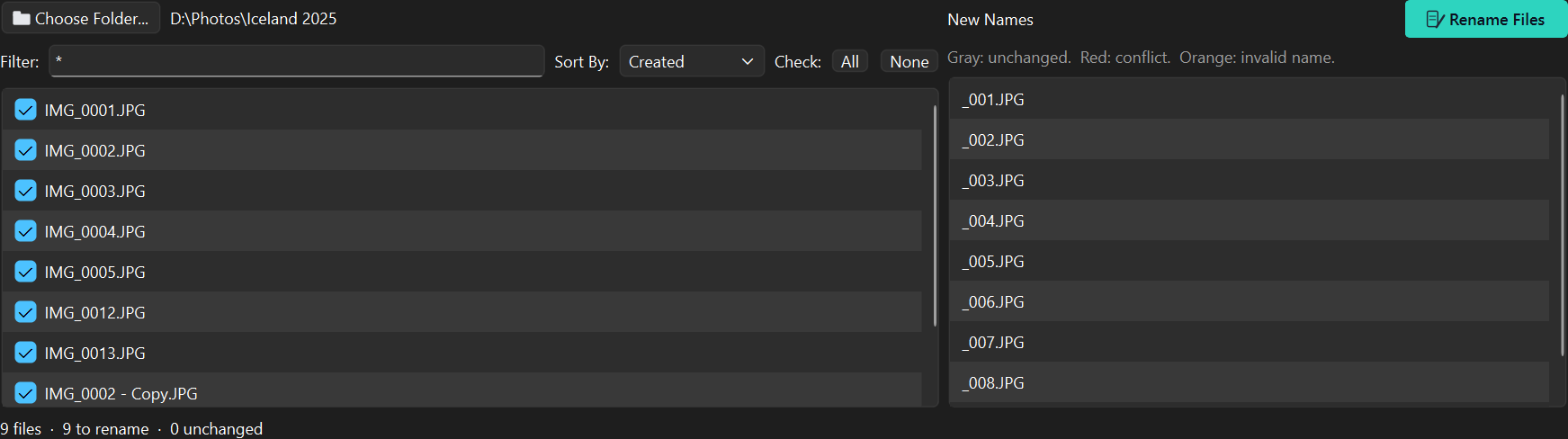 The two panels side by side, with each original file name opposite the name it would get
