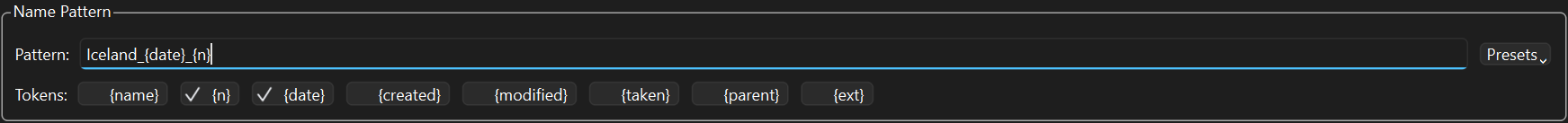 The Name Pattern box: a pattern field, a Presets button, and a row of token buttons with ticks