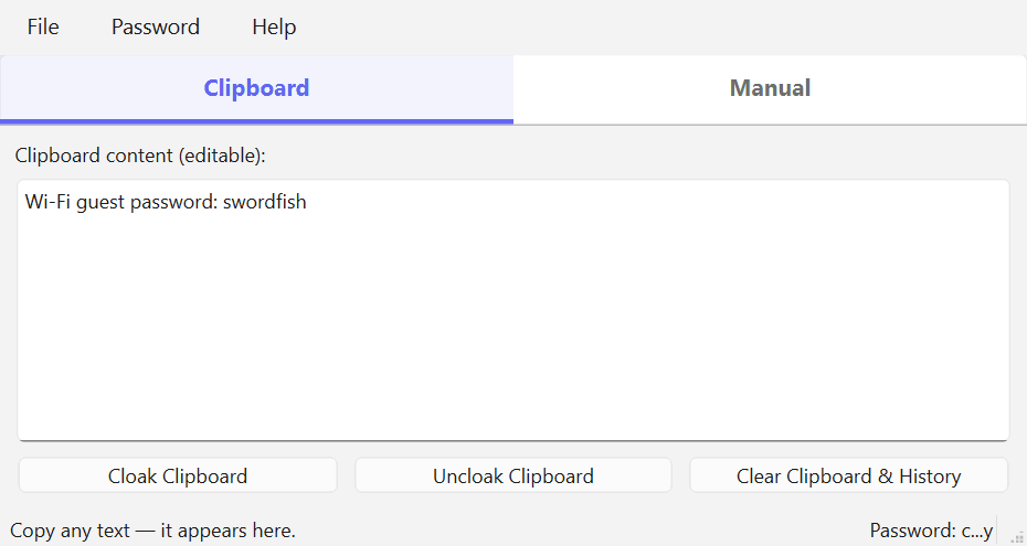 Animation: copying text, clicking Cloak Clipboard, then Uncloak Clipboard