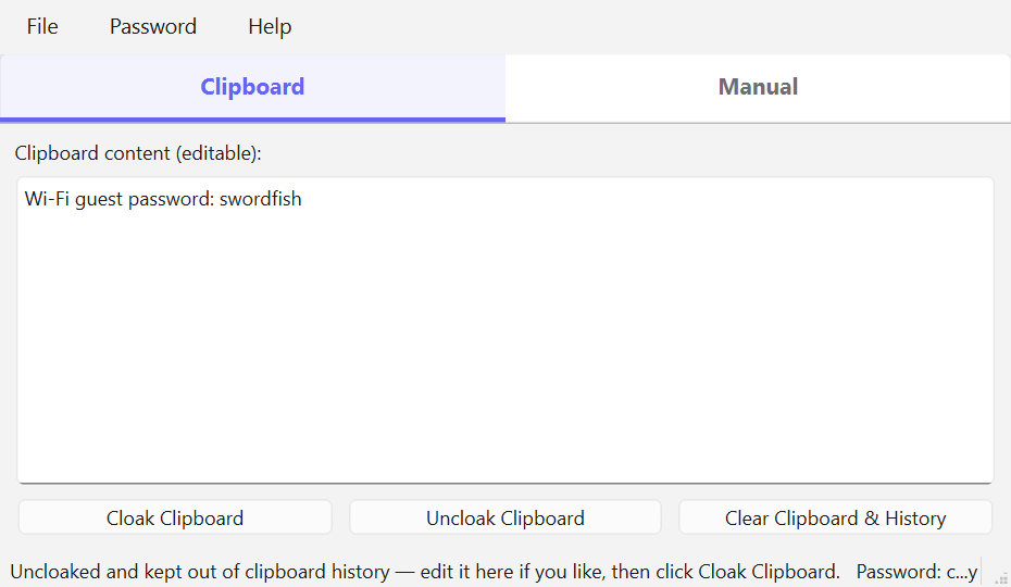 The CloakClip window showing a decrypted message on the Clipboard tab