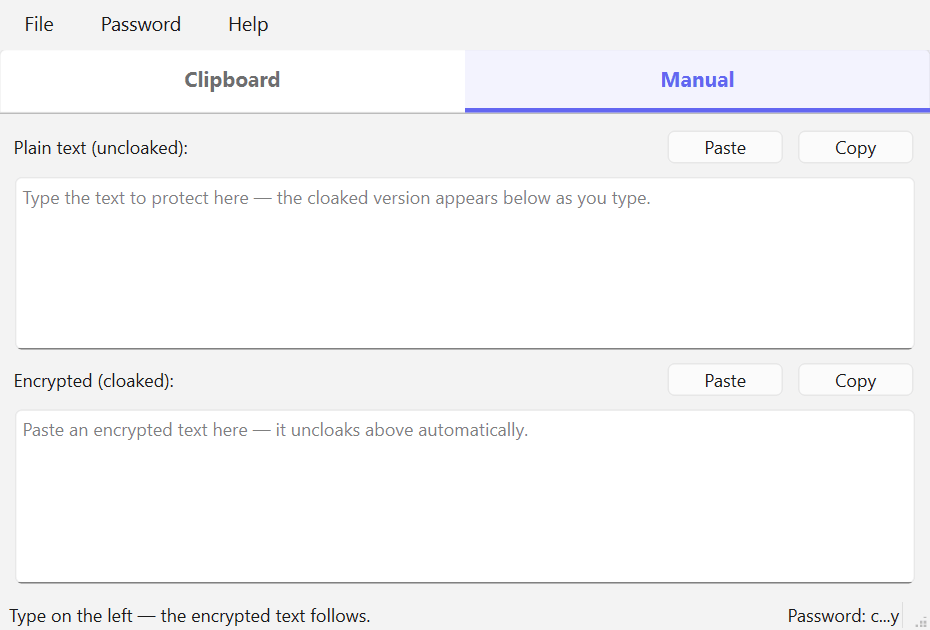Animation: typing plain text fills the encrypted field, and pasting an encrypted string reveals the plain text
