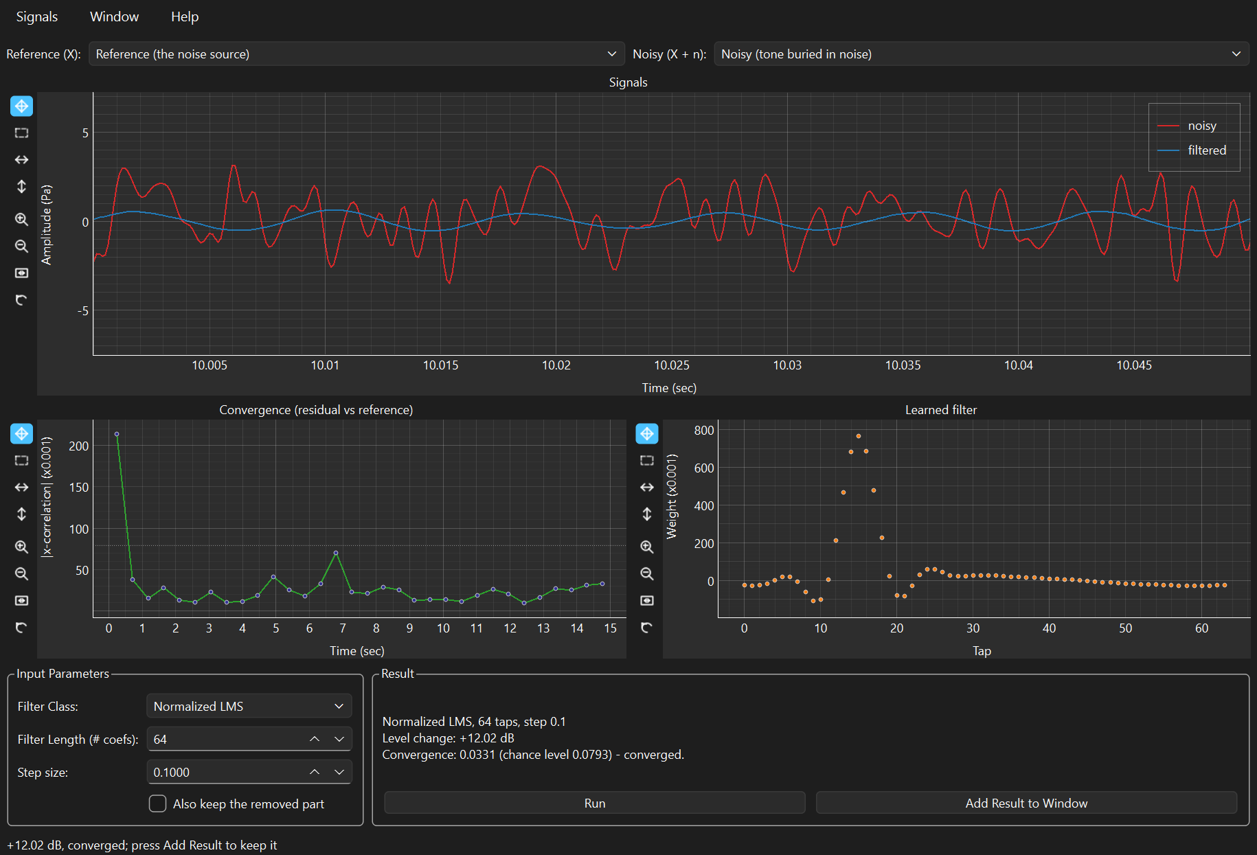 Adaptive Filtering window showing a cleaned signal and a convergence curve