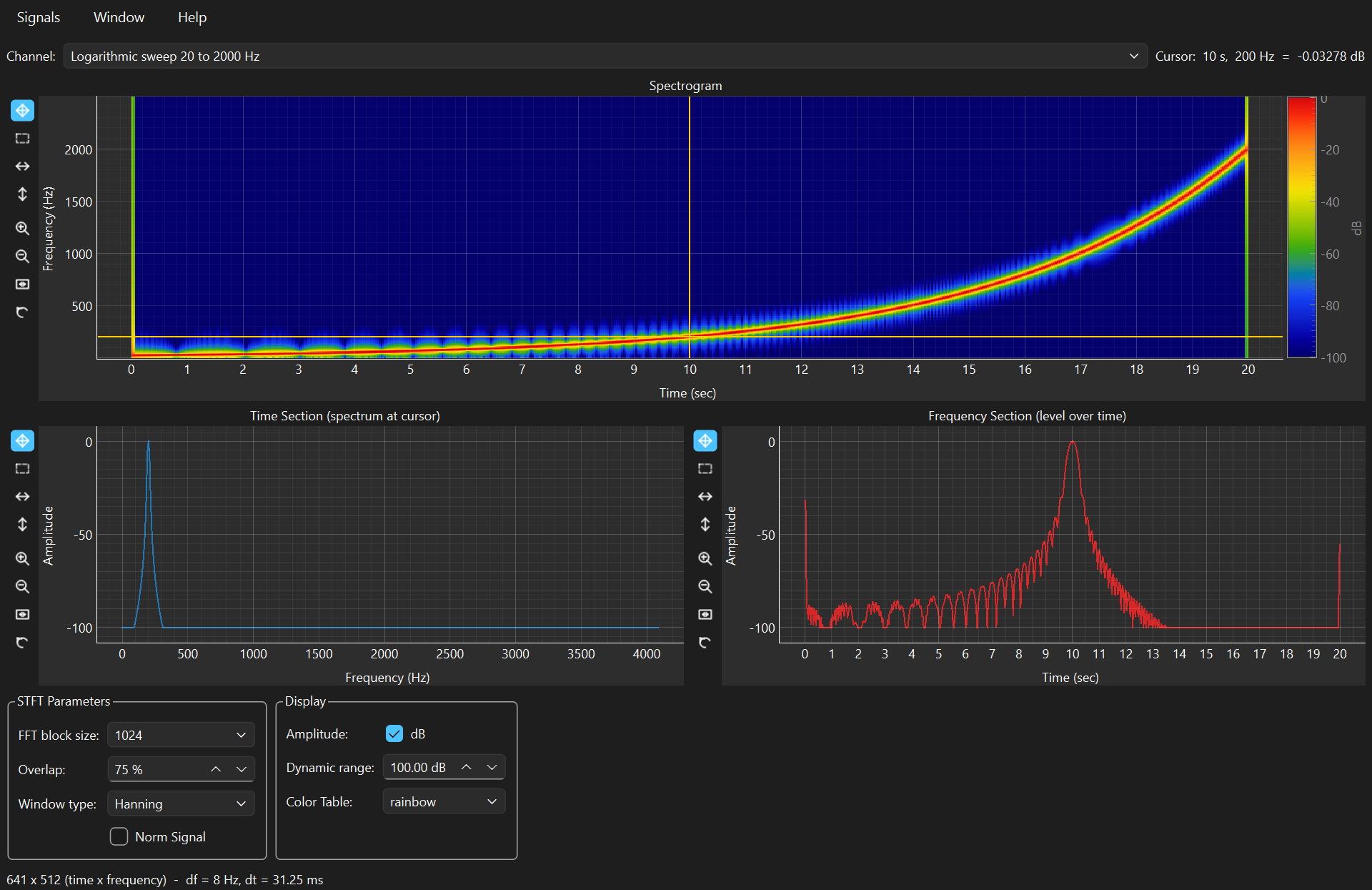 Time-Frequency window showing a logarithmic sweep as a colour spectrogram