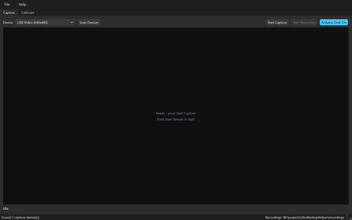 The Capture tab after a scan, with USB Video (640x480) chosen in the device list and the status bar reading Found 2 capture device(s)