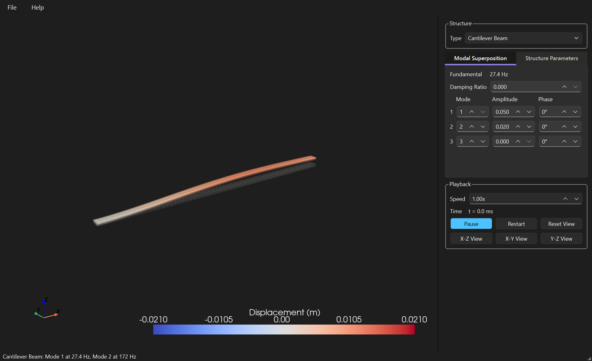 A cantilever beam vibrating in the 3D view, coloured by displacement