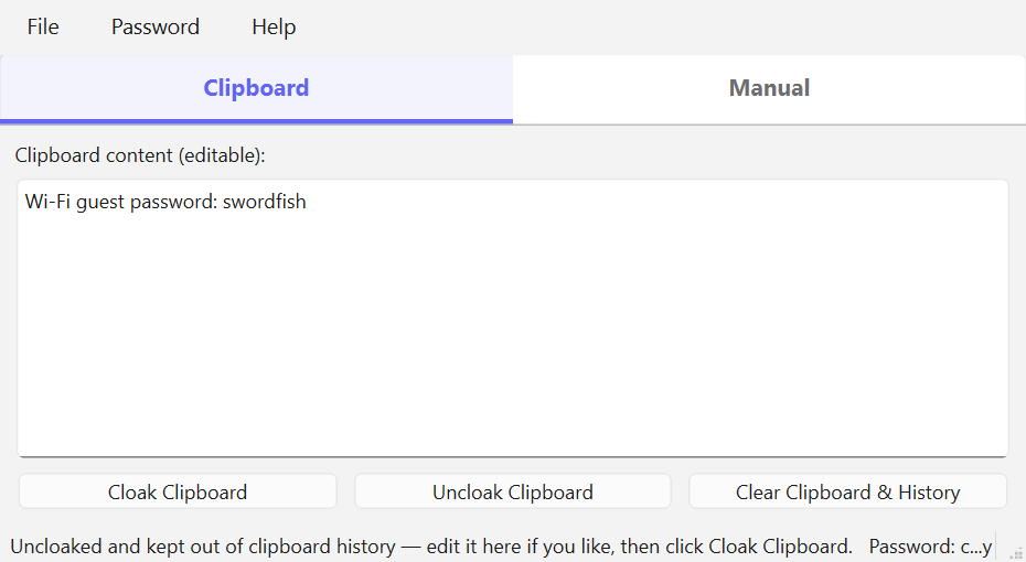 CloakClip main window showing an uncloaked message on the Clipboard tab