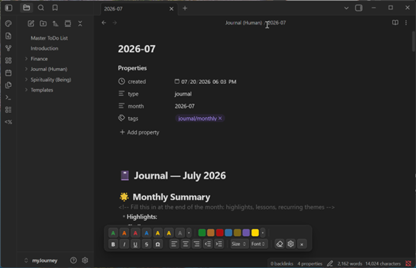 HTML Font Toolbar floating over an Obsidian note