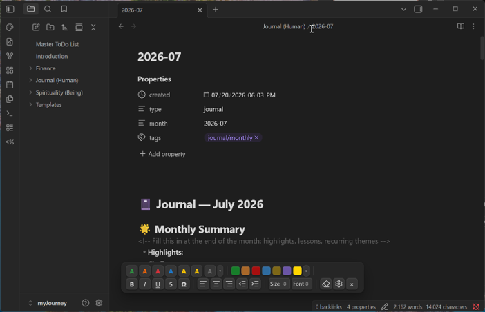 The floating formatting toolbar over an Obsidian note