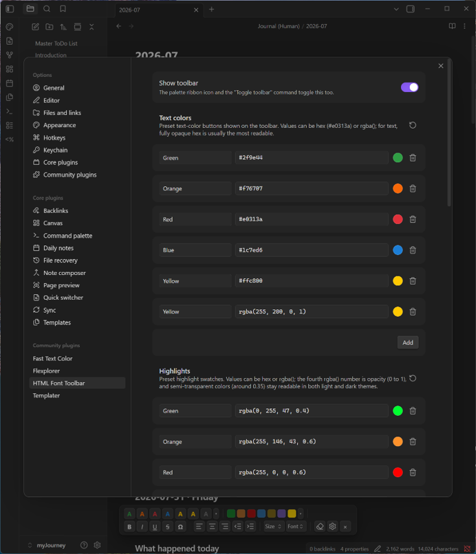 The settings tab with customizable color and font presets