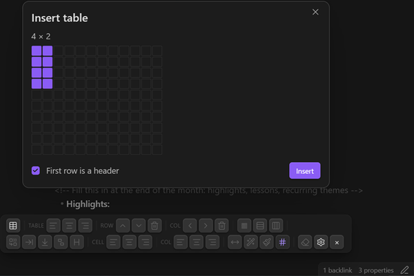 The insert-table dialog and the table toolbar in an Obsidian note