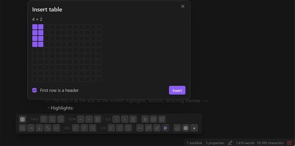 The insert-table dialog with its hover grid, above the table toolbar in an Obsidian note