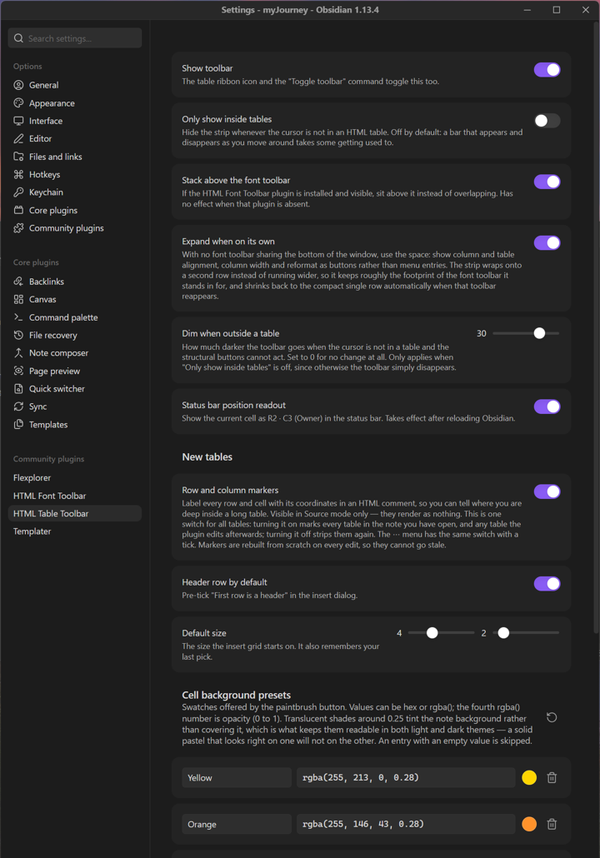 The settings tab with toolbar behaviour options and editable cell background presets